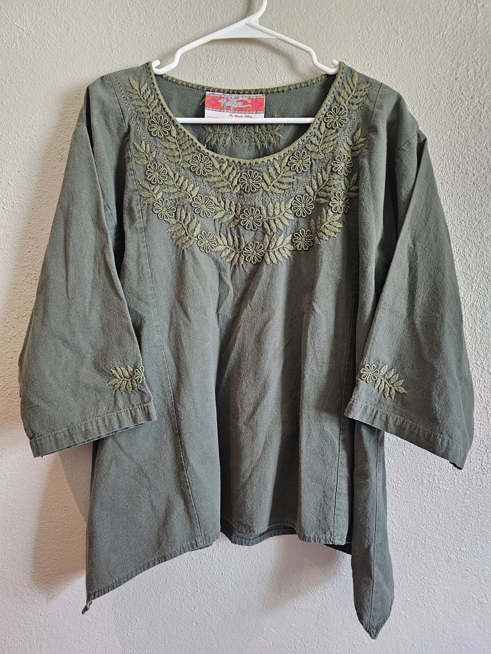 Nativa Hand Embroidered Mexican Peasant Blouse Green Cotton Tunic Boho Woman's L